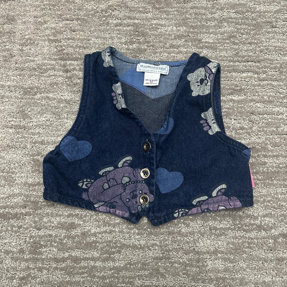 Vintage OshKosh B'gosh Vest Girls 3T Blue Denim Teddy Bear Heart Print USA 90s
